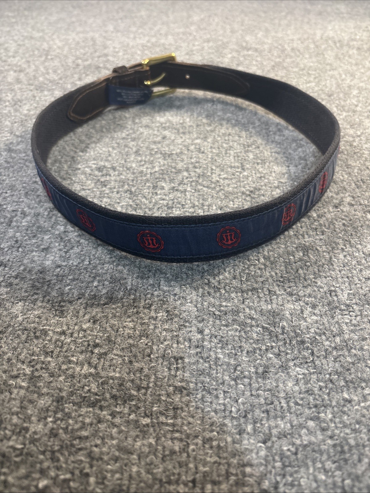 Vineyard Vines Belt Mens 32 Navy Blue Red Italian Cowhide Canvas Brass Buckle
