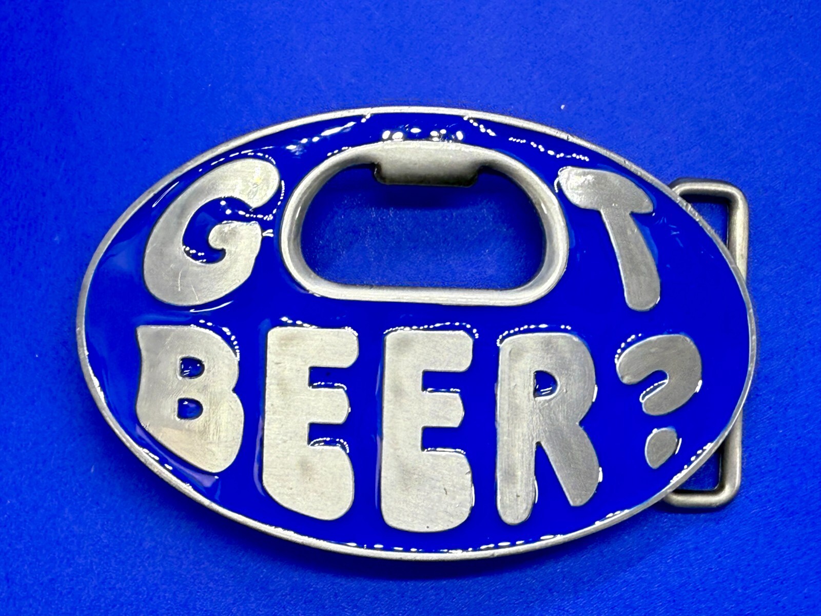 Got Beer Novelty Blue Enameled Funny Bar Pick Up Belt Buckle With Bottle Opener