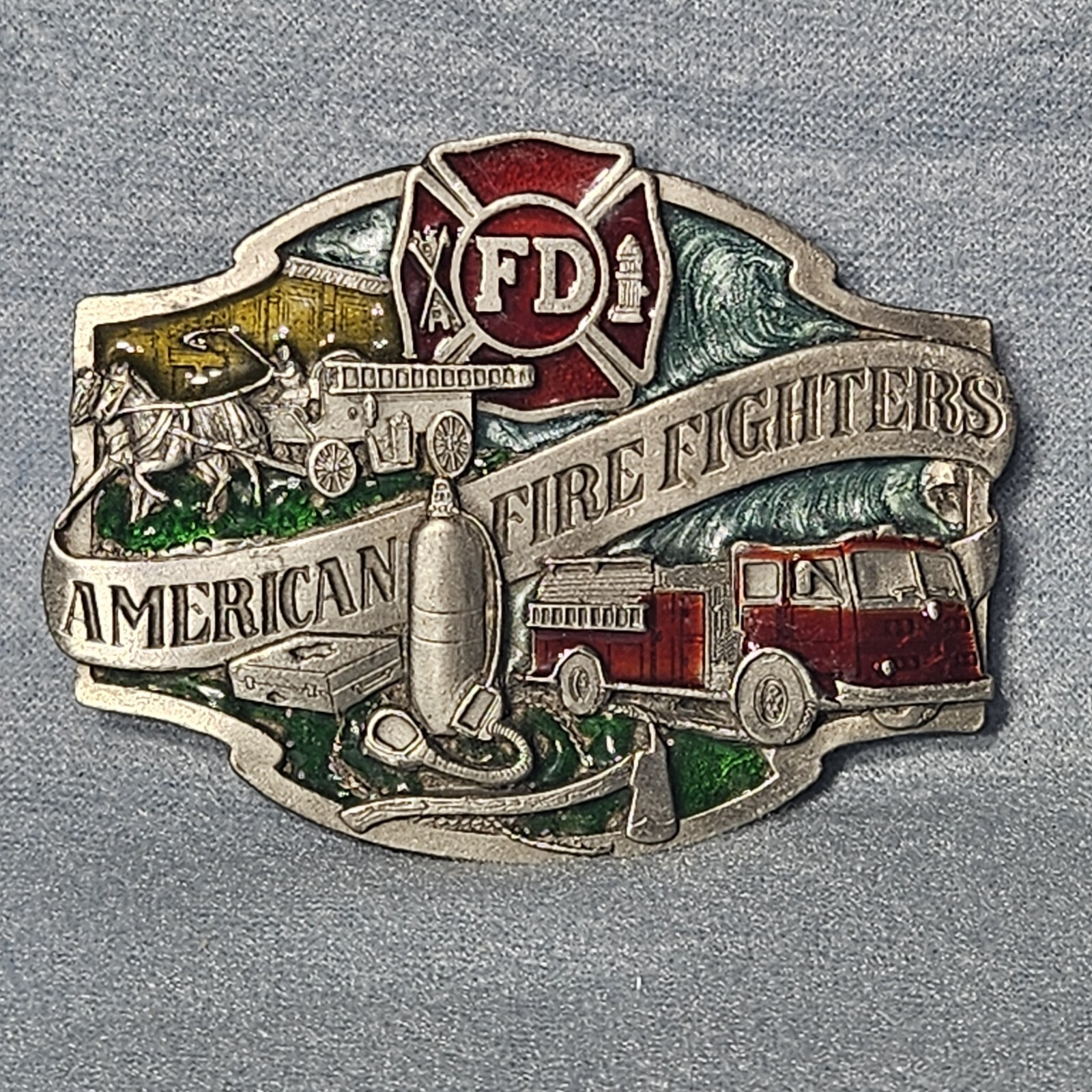 American Firefighters Belt Buckle Firetruck Horse Enameled Siskiyou 1988 Pewter