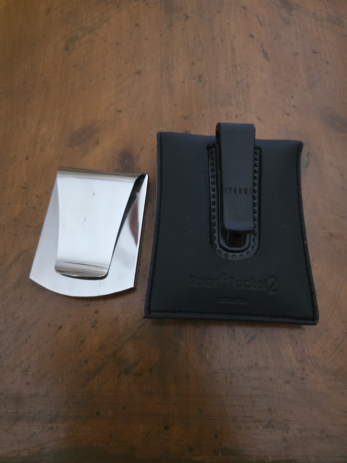Torus Minimalist Smart Money Clip, Silver Metal w/ Black Leather Pouch, Logo