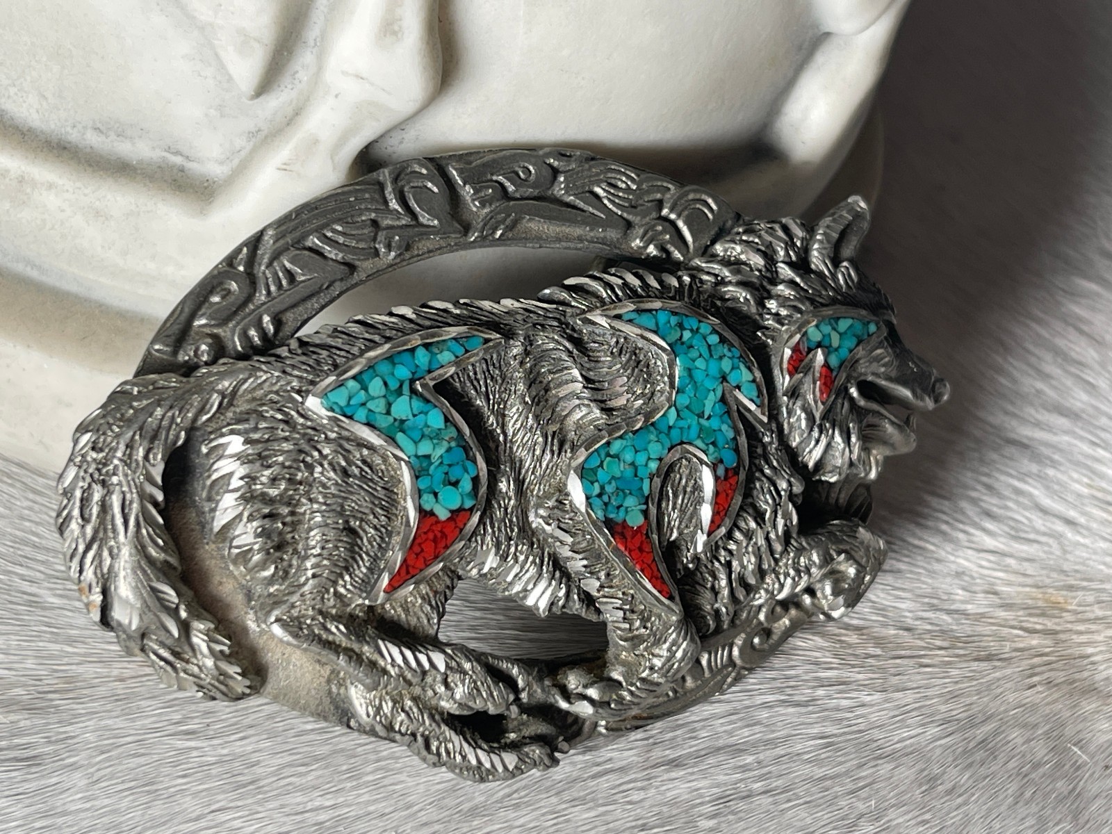 Vintage EJC Belt Buckle 4.25 x 2.75 in Wolf Southwestern Turq 1996 Oval 1.75