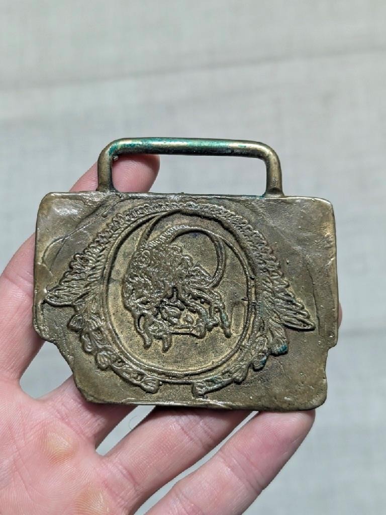vintage BRASS belt buckle BRONZE handcrafted BRUTALIST fantasy buffalo 1970s