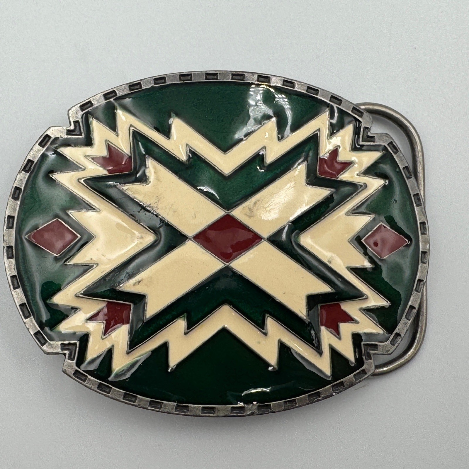 Vintage 1988 Siskiyou Buckle Co Green Enamel Southwestern Belt Buckle J-89 USA