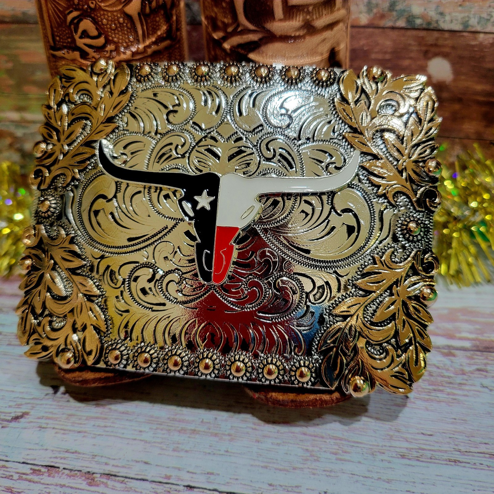 Longhorn belt buckle Western Rodeo Silver & Rose Texas-style