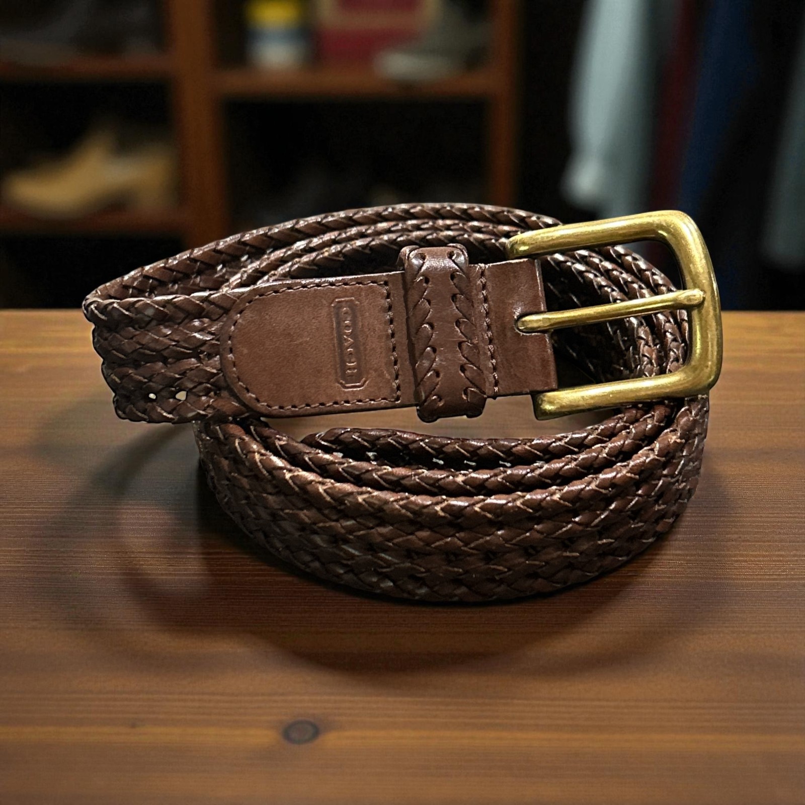 Coach brass D shape buckle brown braided leather belts 42&Prime; adjustable