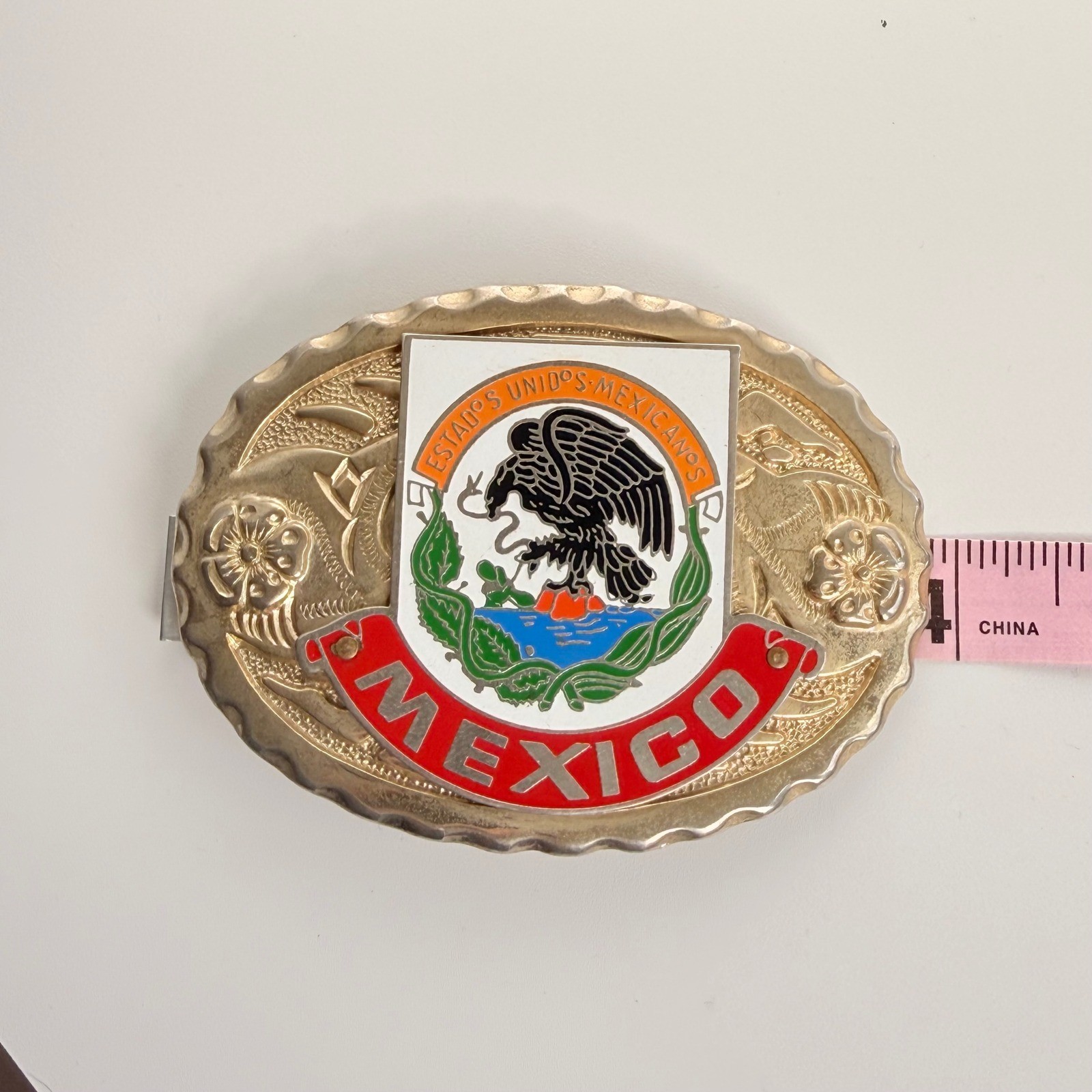 Vintage Mexico Coat of Arms Belt Buckle Gold Tone Enamel Western Made in USA