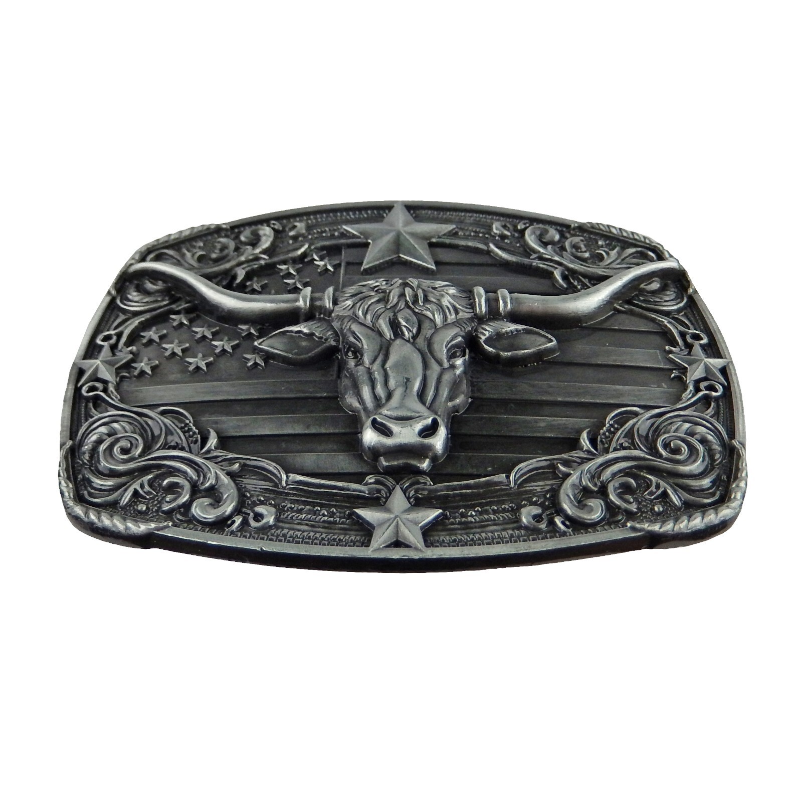 American Flag Longhorn Steer Star Belt Buckle Antique Silver Fits 1.5 inch Belts