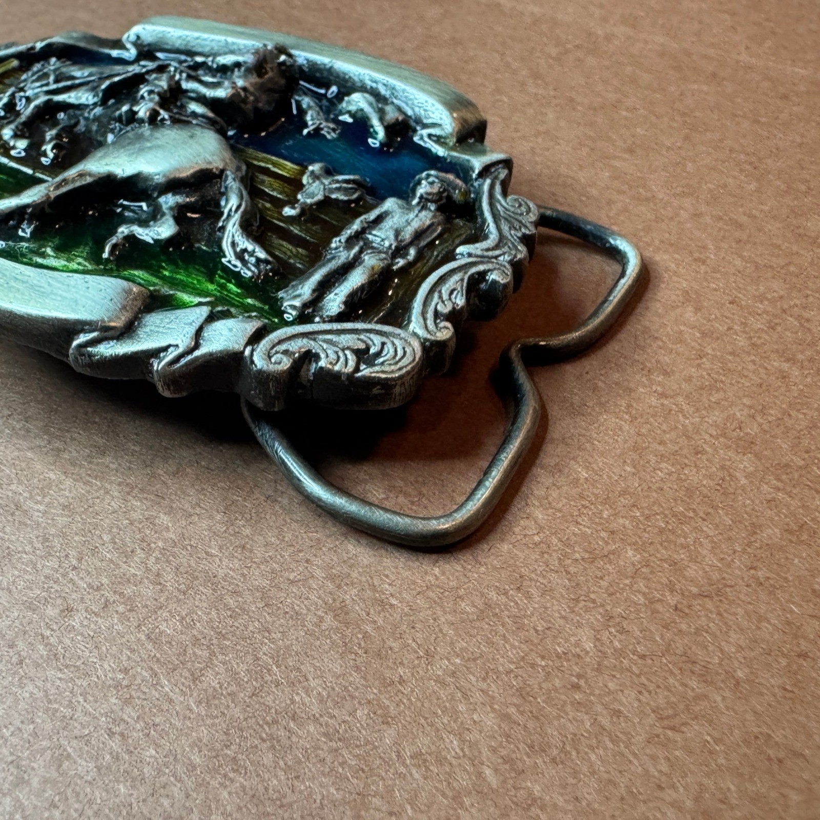 Vintage Western Rodeo Bronco Rider Belt Buckle Enamel Pewter Tone Cowboy Style
