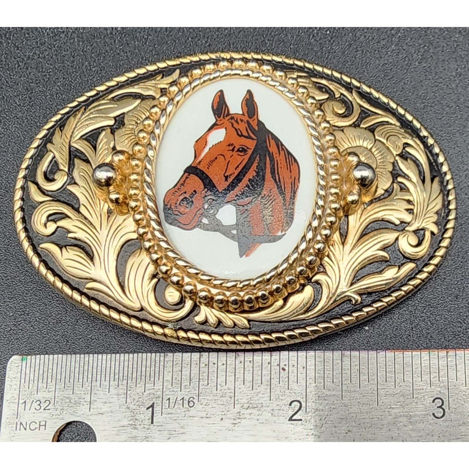 Vintage Brass Horse Head Belt Buckle with Porcelain Cameo 3.25&Prime; Western