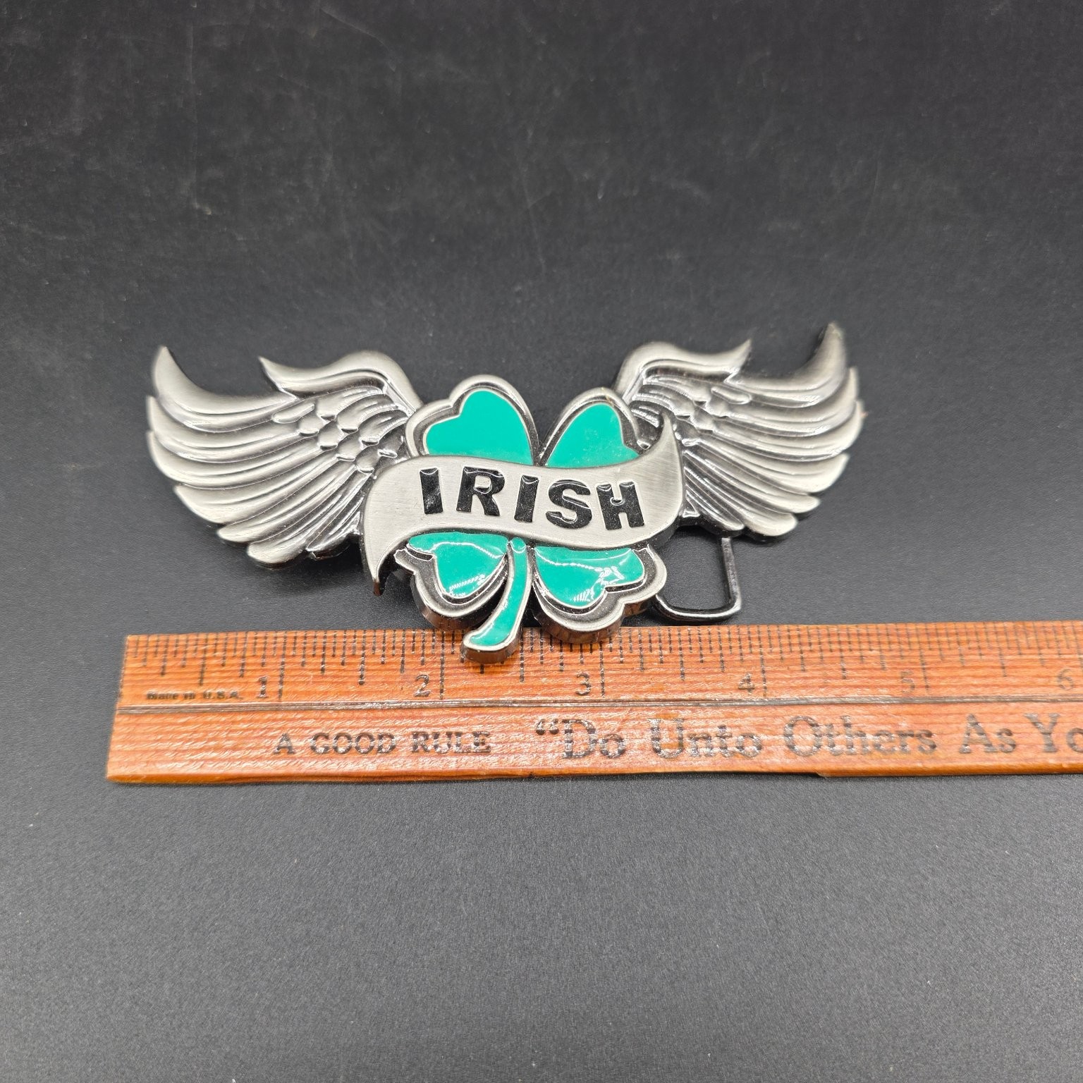 Irish Shamrock Wings Belt Buckle Silver Green Enamel 3.75&Prime; Wide Celtic