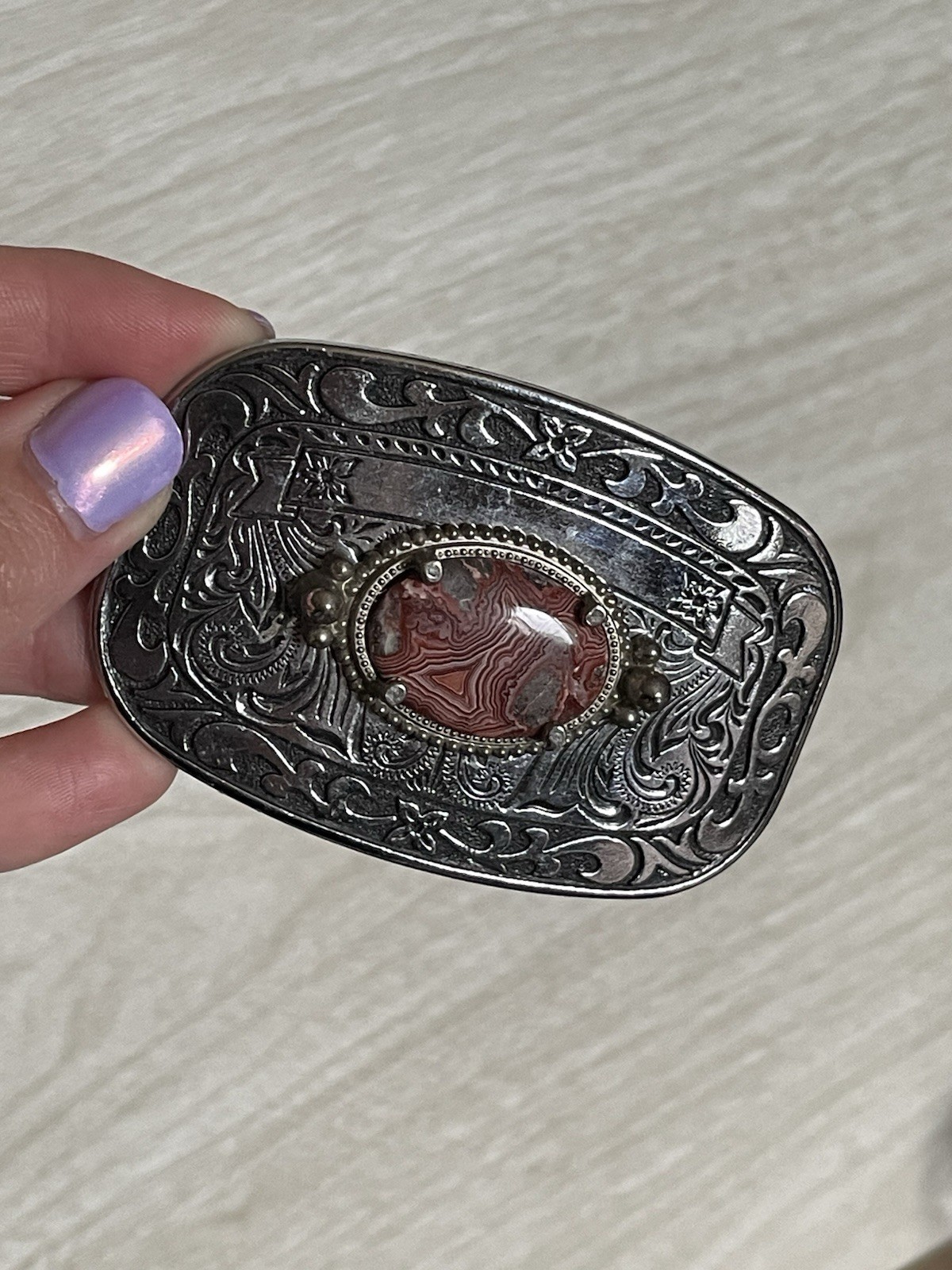 VTG Western Country Silver Tone Rhodochrosite Stone Belt Buckle 3.25&Prime; x 2&Prime;