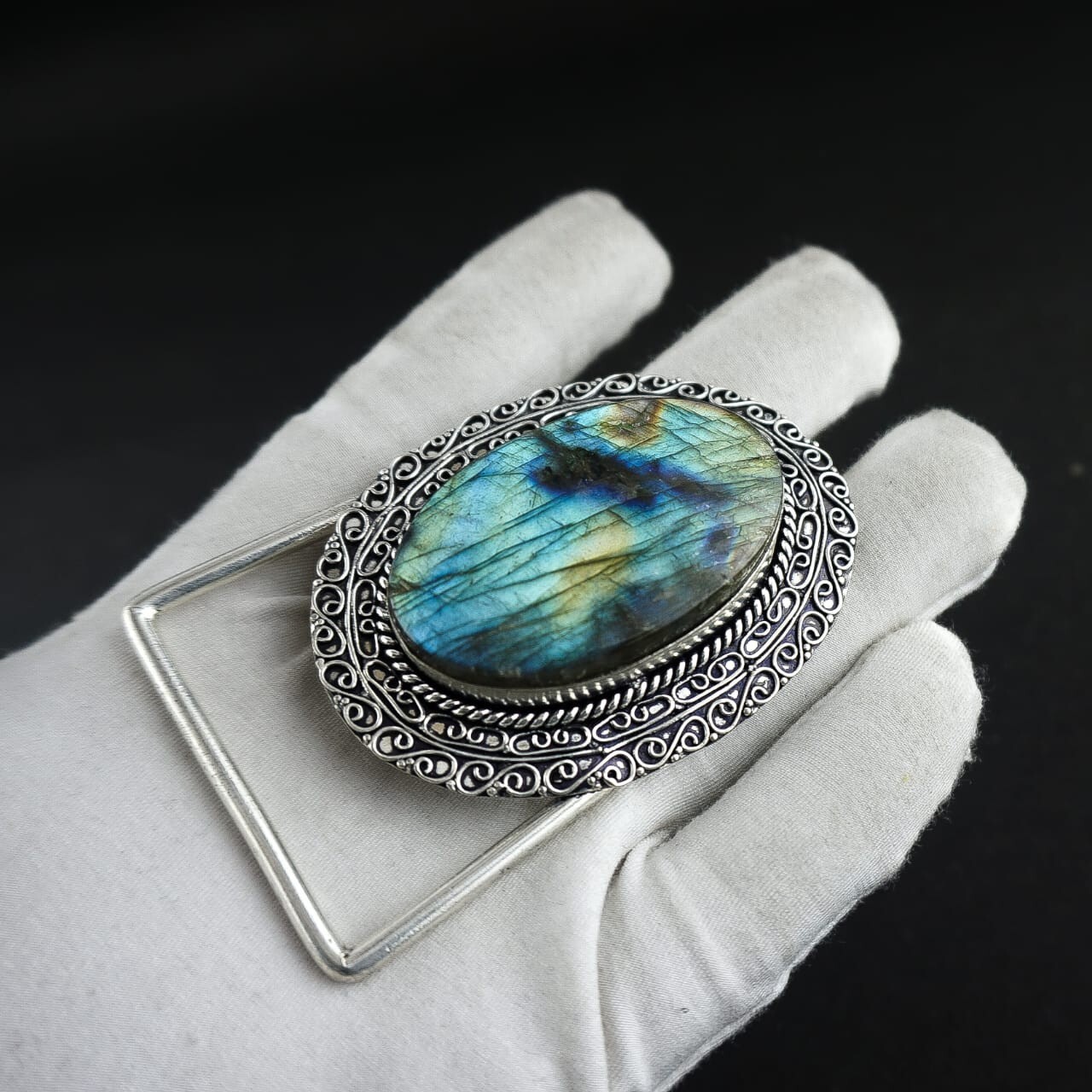 Natural Labradorite Gemstone Handmade 925 Sterling Silver Vintage Belt Buckle