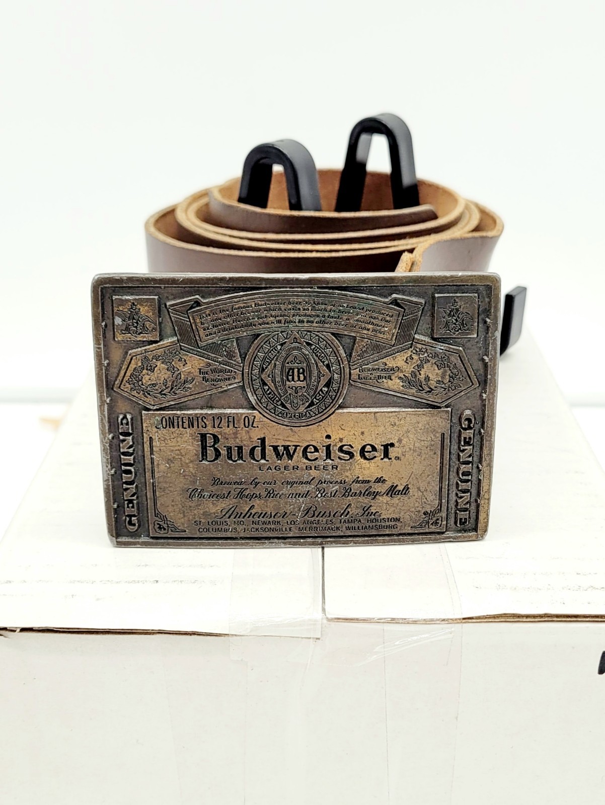Vintage 1970s-era Budweiser Beer Brass Belt Buckle Anheuser-Busch + Leather Belt