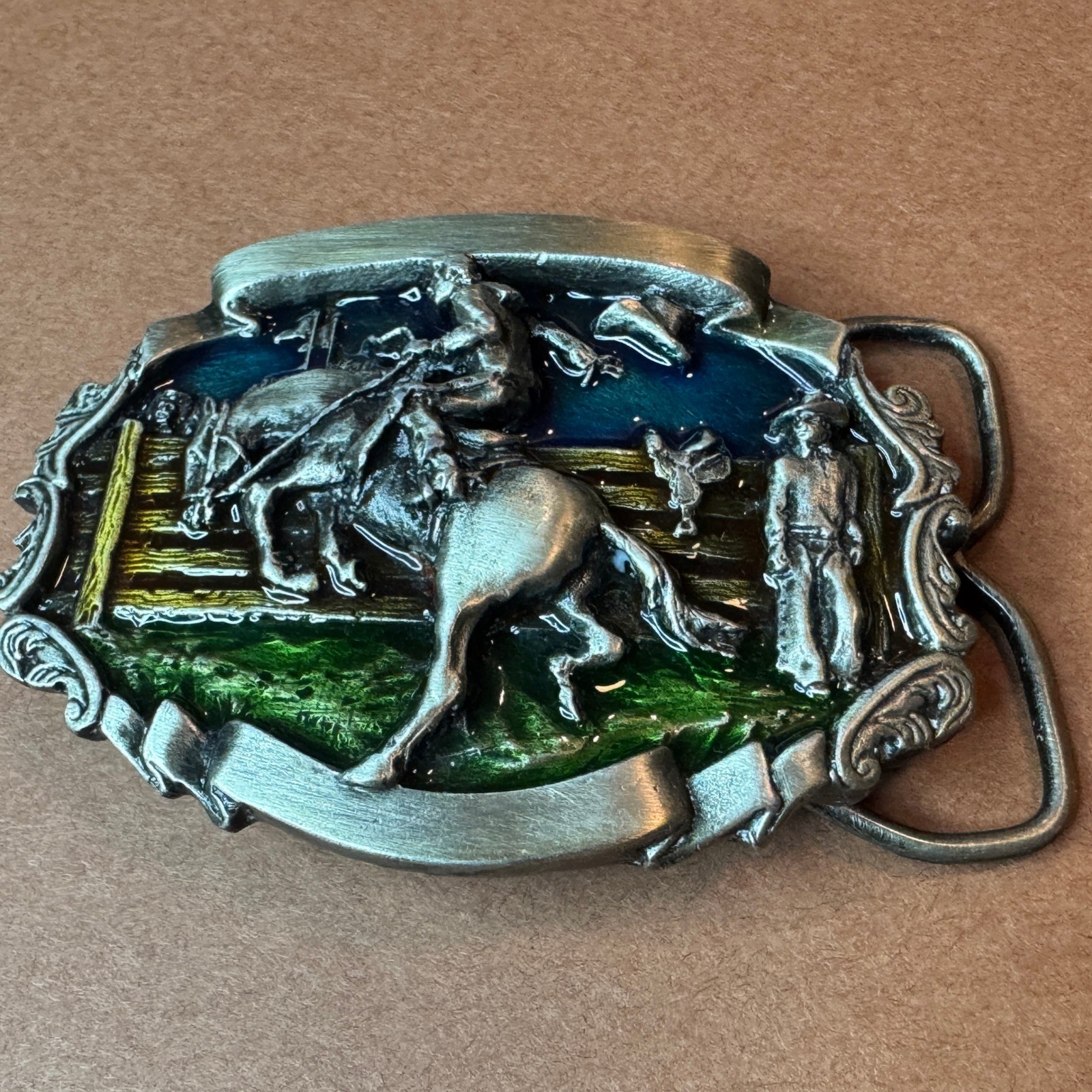 Vintage Western Rodeo Bronco Rider Belt Buckle Enamel Pewter Tone Cowboy Style