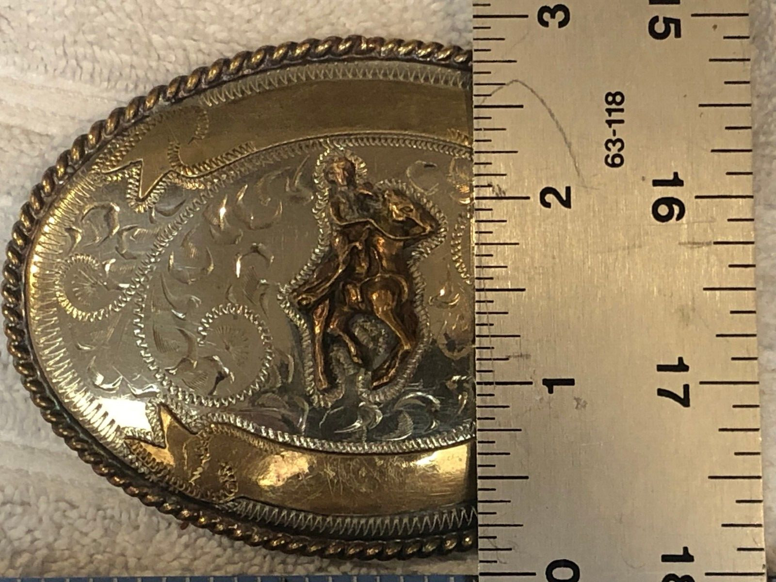 Vintage Alpaca Silver and Brass Belt Buckle Rider & Horse 4&Prime; x 2.75&Prime;