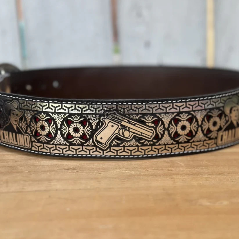 Genuine Laser Cut Leather Chalino Western Belt with Removable Buckle – Silver