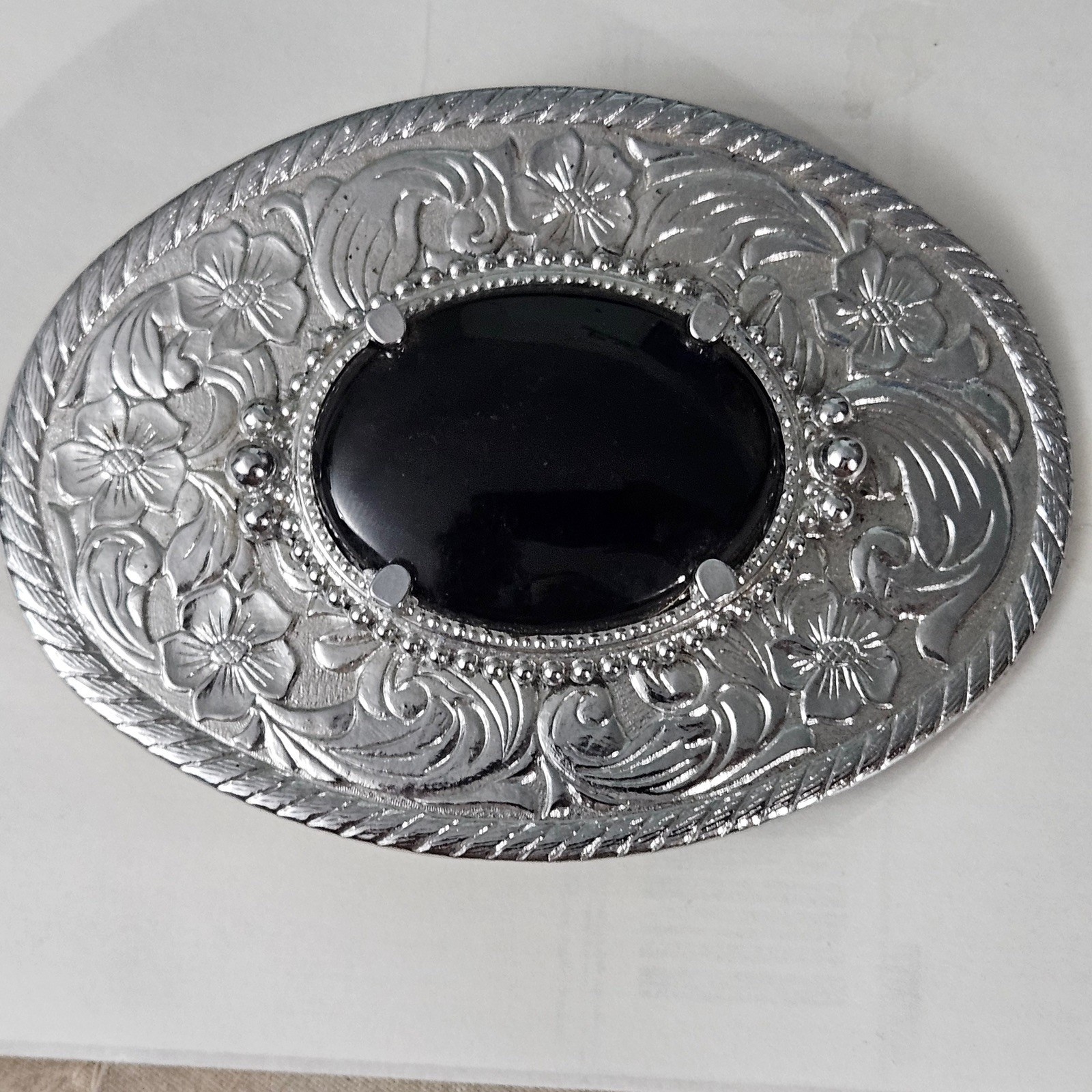 AWESOME Ornate Vintage Silver Buckle with Black Onyx Gem Floral Engraved Retro