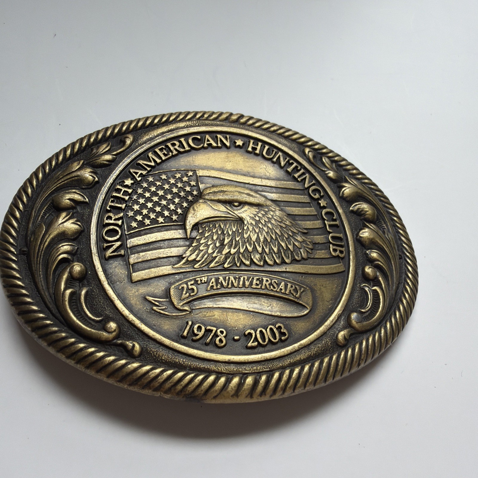 North American Hunting Club Brass Belt Buckle 25th Ann 1978-2003 Oval Eagle Flag