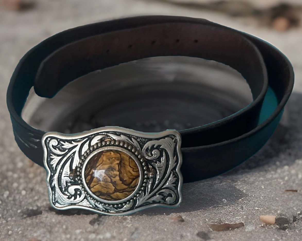VINTAGE GENUINE LEATHER BELT , SILVER BUCKLE , LARGE POLISHED JASPER STONE