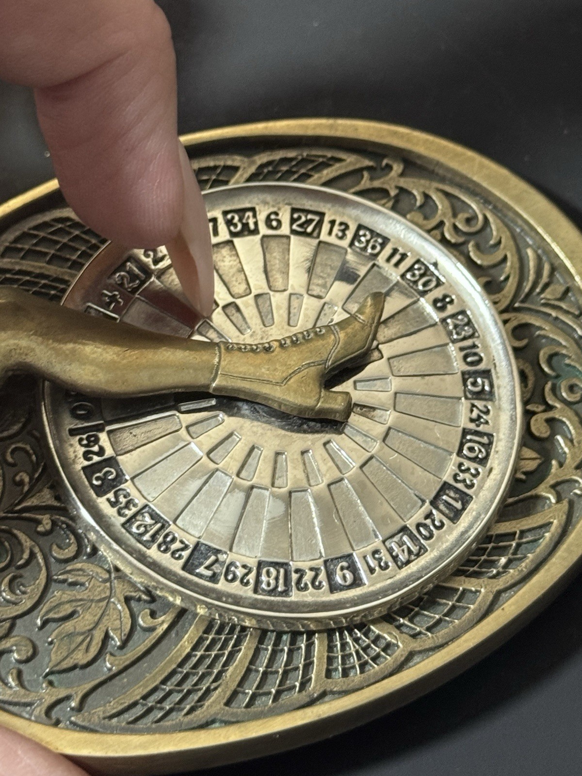 Vintage The Gal Leg Spinning Roulette Wheel Belt Buckle