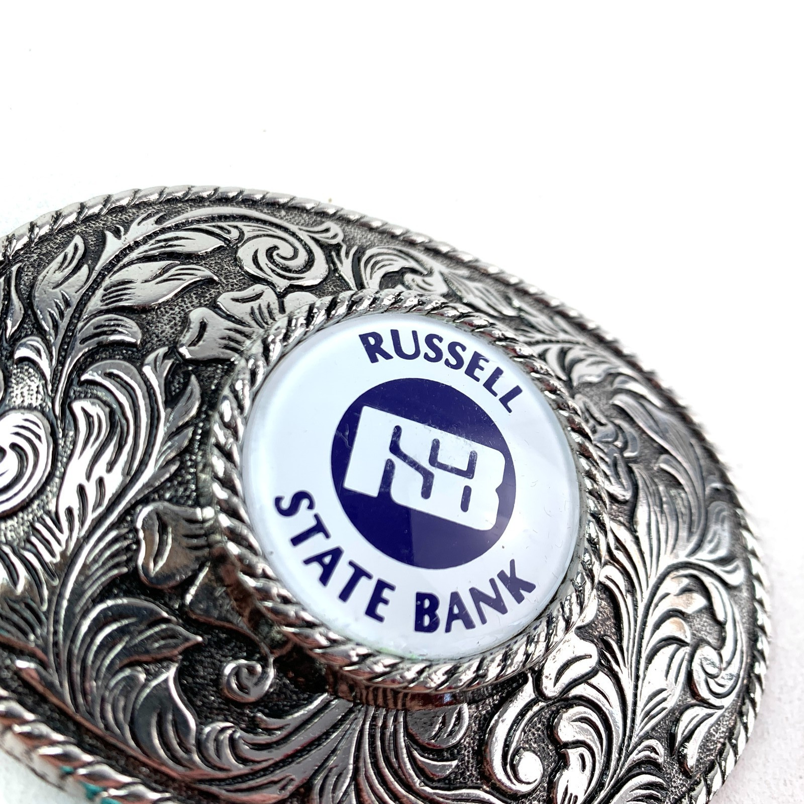 Vintage Russel Kansas State Bank Ornate 3D Metal Belt Buckle New