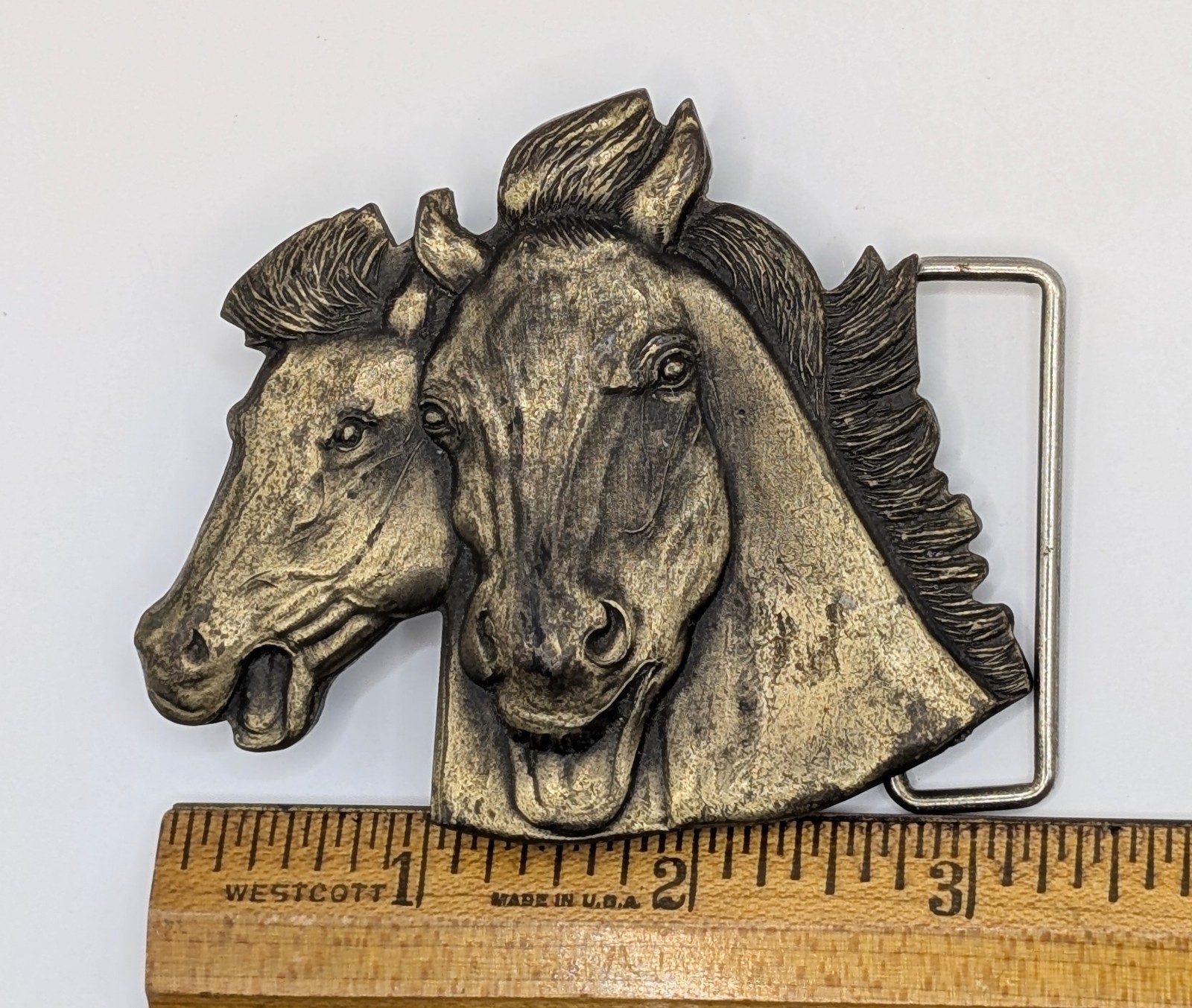 Horse Heads Solid Brass Belt Buckle 3 Dimensional Western Cowboy Very Nice