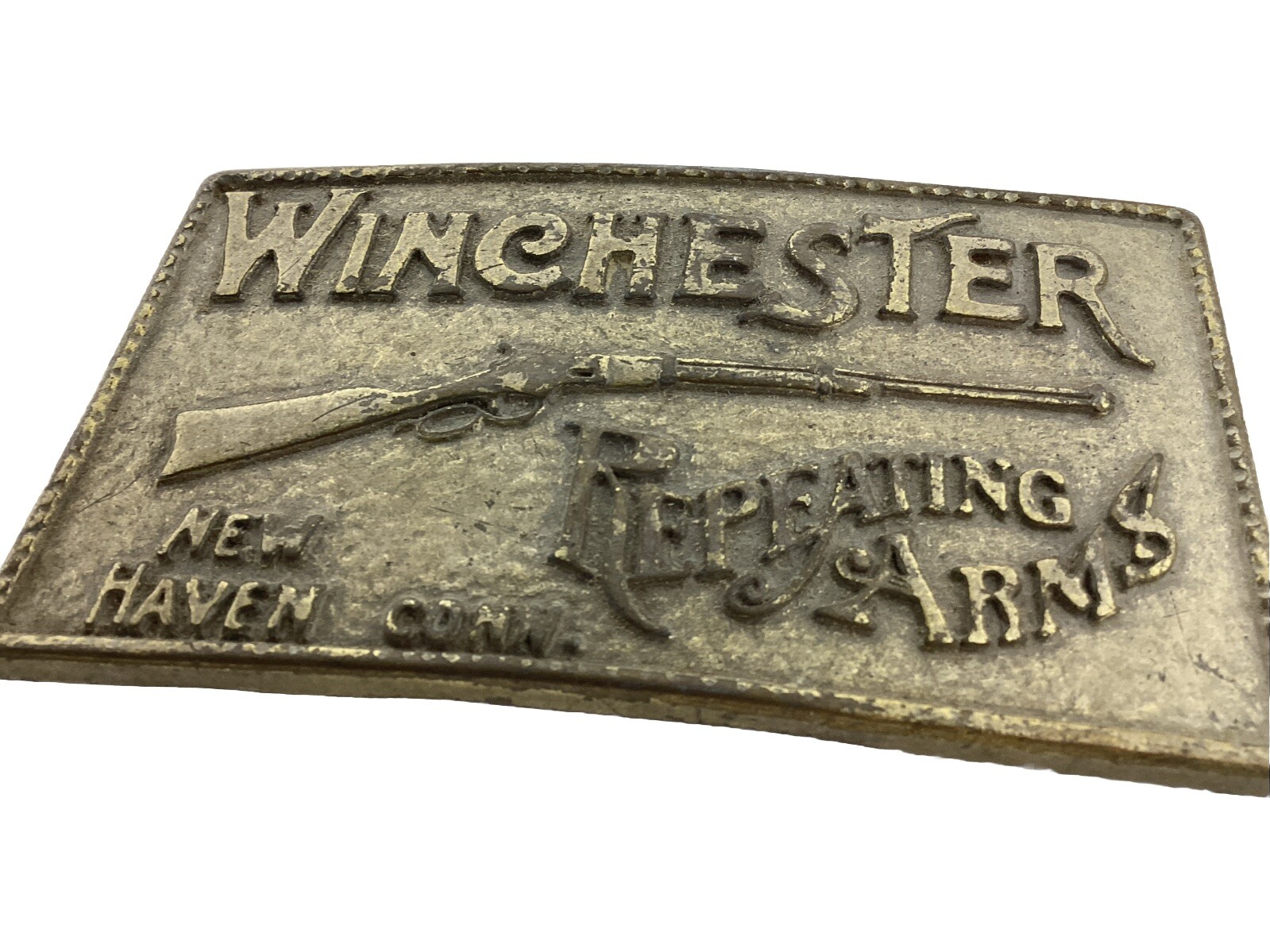 1970s Vtg WINCHESTER Guns belt buckle “Repeating Arms” WESTERN BRASS Tone