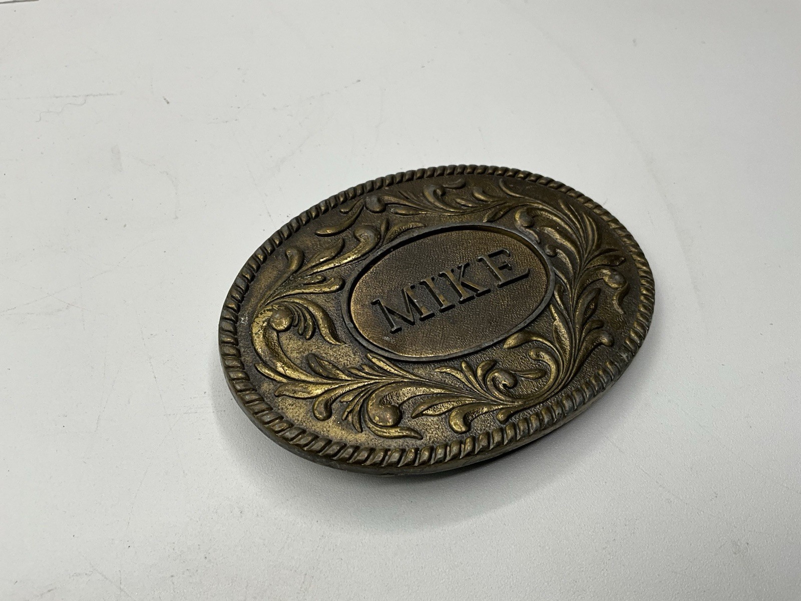 Western Country Brass Belt Buckle MIKE the Kinney Co. Vintage 1977 Oval Buckle