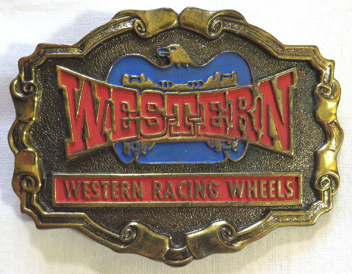 Vintage 1980&rsquo;s Belt Buckle Western Racing Wheels