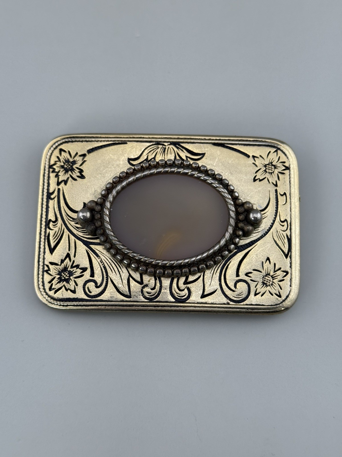 Engraved Brass Belt Buckle Agate Cabochon Floral Western Scroll Vintage Heavy