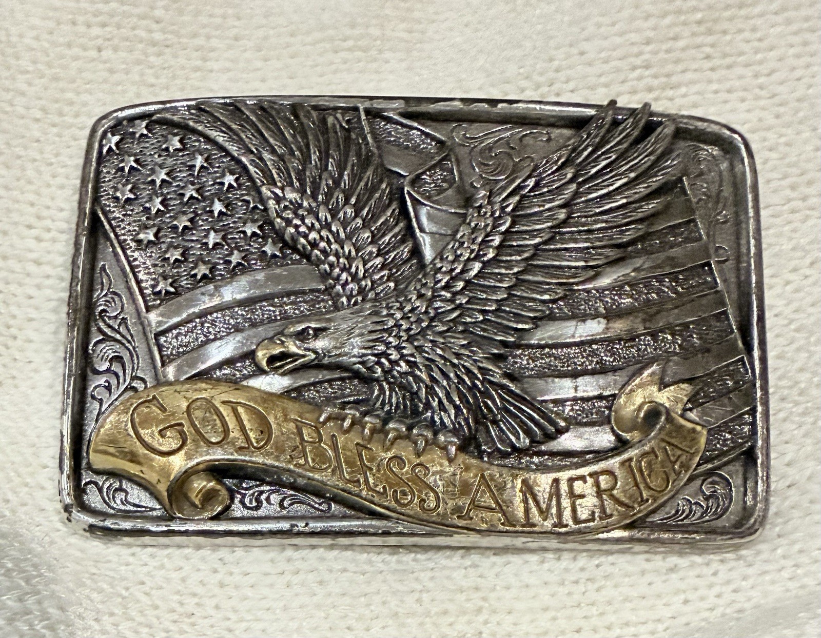 Nocona Men’s God Bless America Belt Buckle Eagle Flag Patriotic Size 3×2 Inches