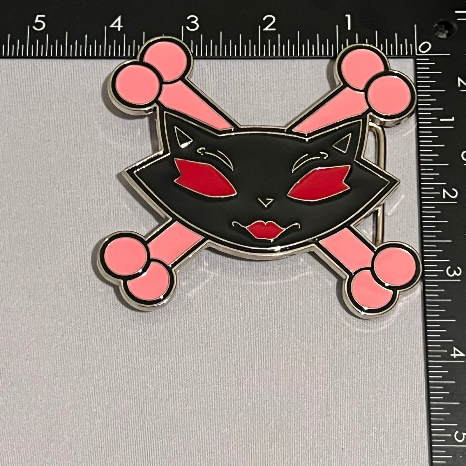 Belt Buckle Cat Skull Crossbones Metal Enamel Black Pink Red 2.5in Gothic Punk