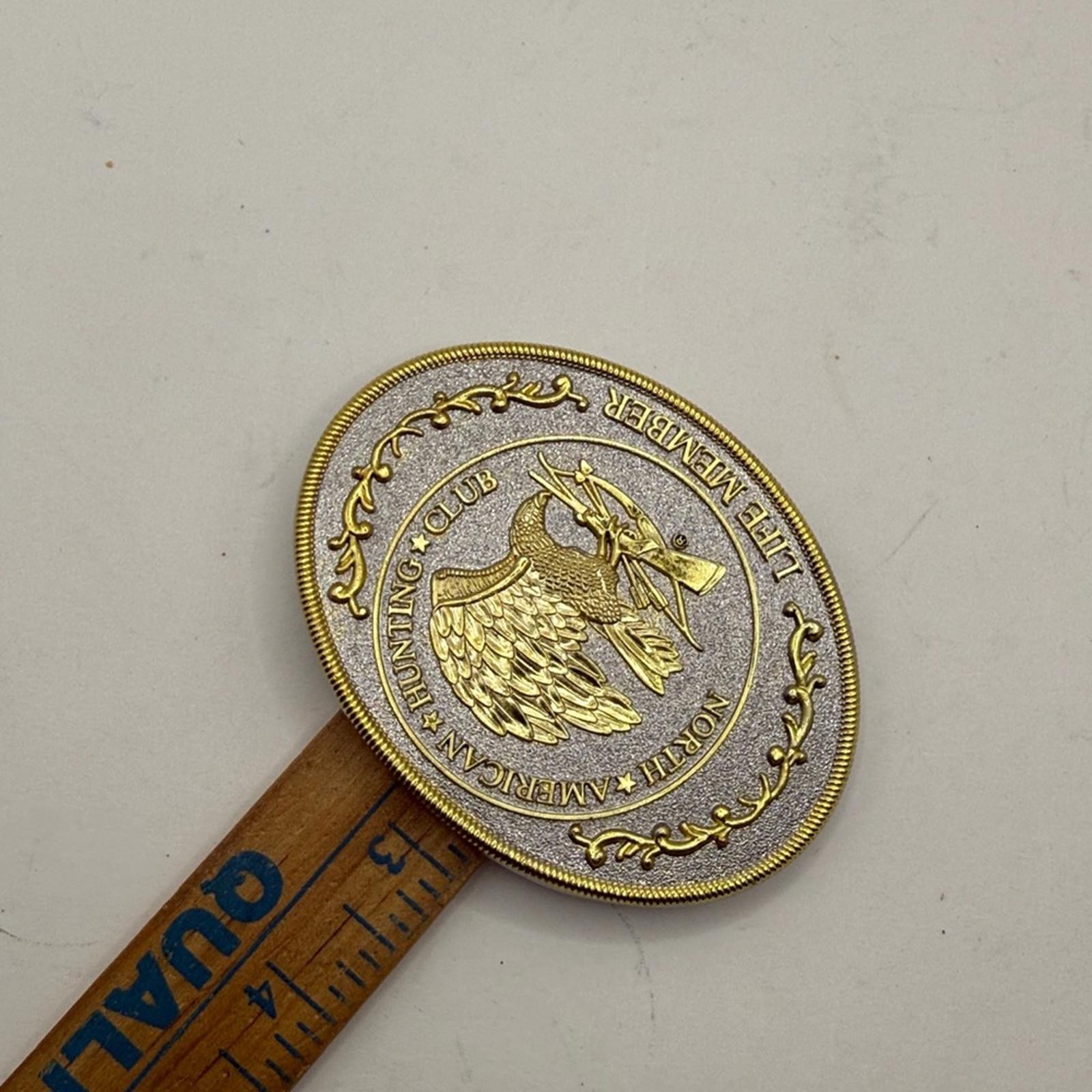 North American Hunting Club Life Member Belt Buckle Eagle Rifle Gold Silver Tone
