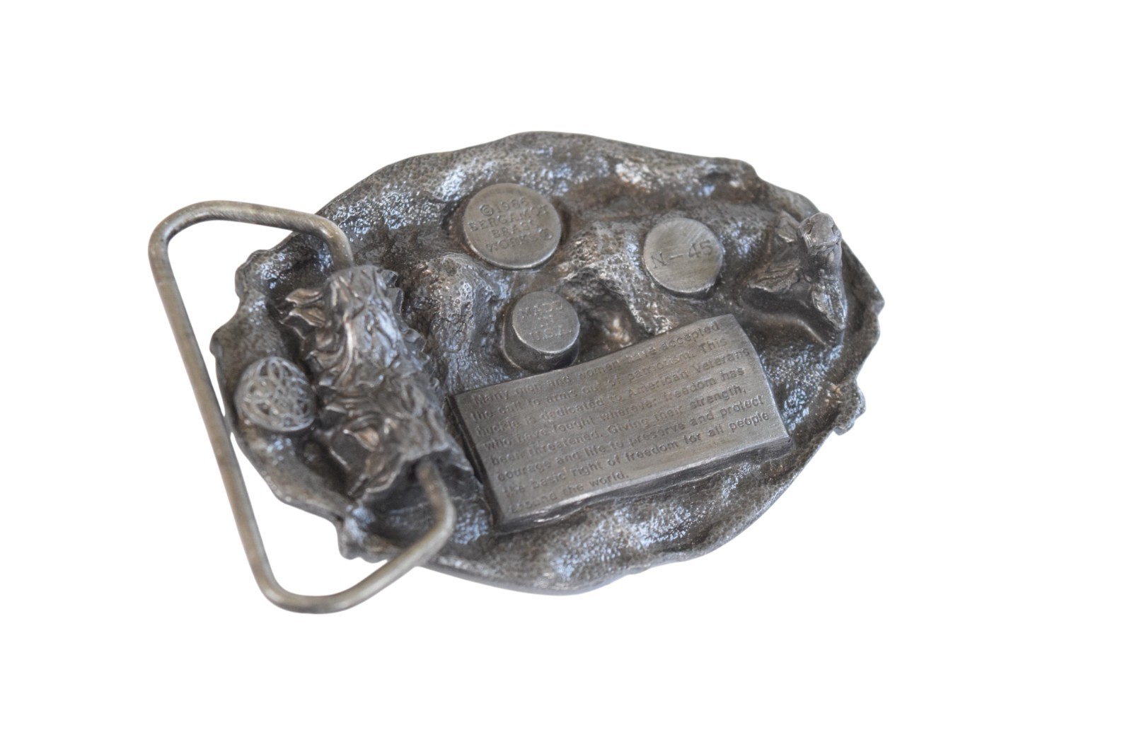 VTG 1986 Bergamot « I&rsquo;m Proud to be an American Veteran » Pewter Belt Buckle – USA