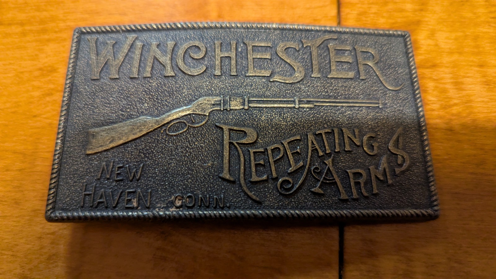Vintage Winchester Repeating Arms Belt Buckle Brass Rifle Lewis Buckles 1970s