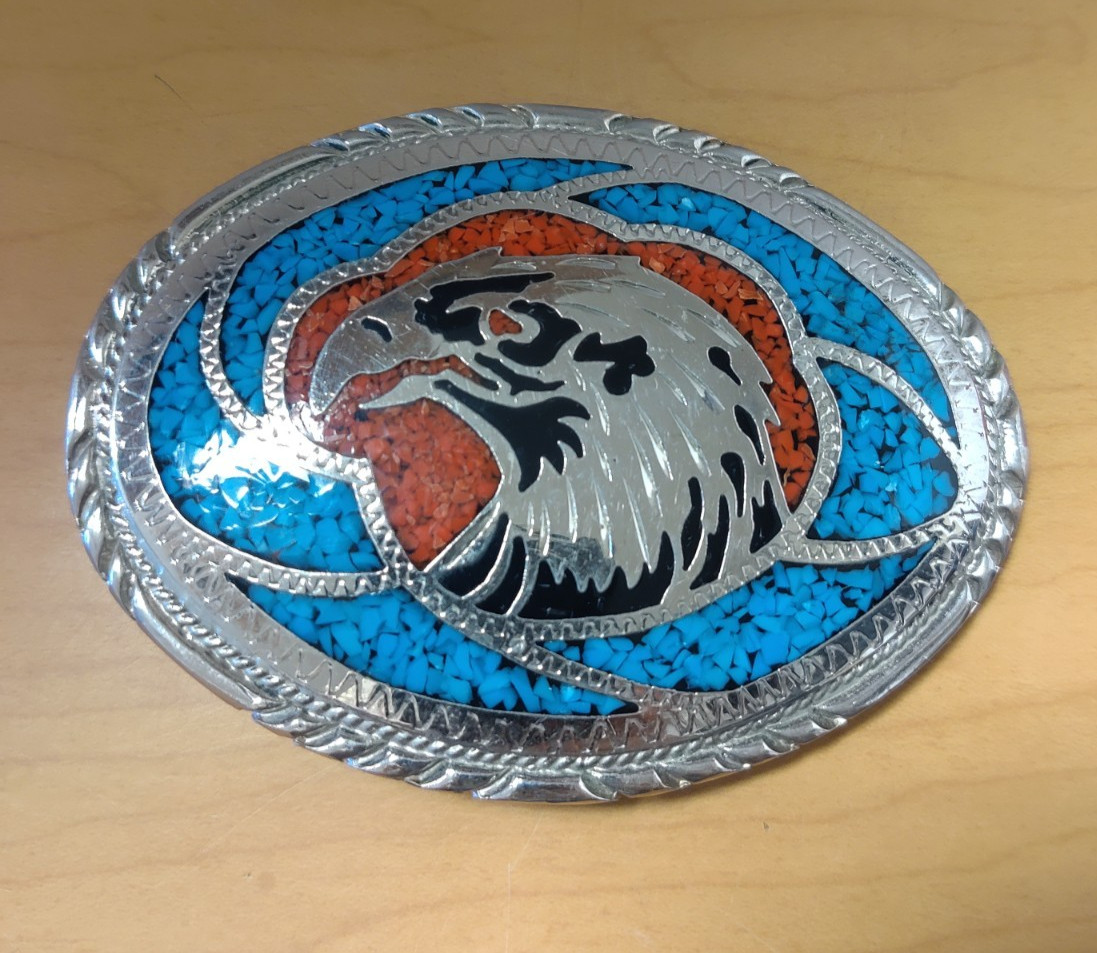 SOUTHWESTERN NATIVE AMERICAN WESTERN SS CORAL TURQUOISE EAGLE BELT BUCKLE