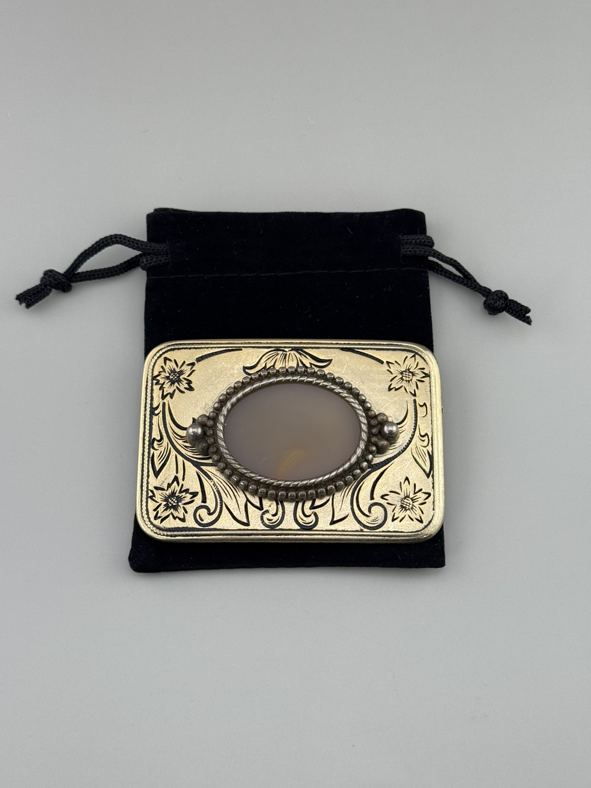 Engraved Brass Belt Buckle Agate Cabochon Floral Western Scroll Vintage Heavy
