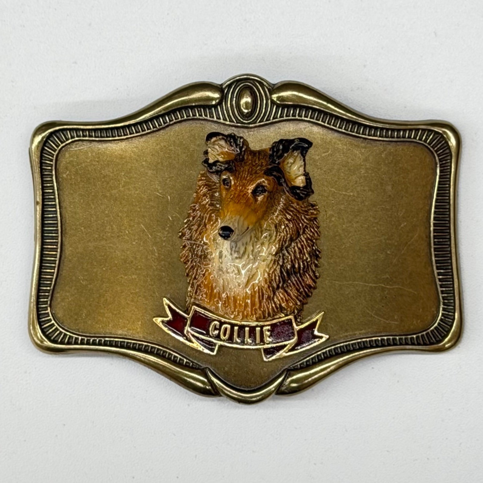 Vtg 1978 AHM Collie Dog Brass Belt Buckle Enamel 3D Relief Animal Collectible