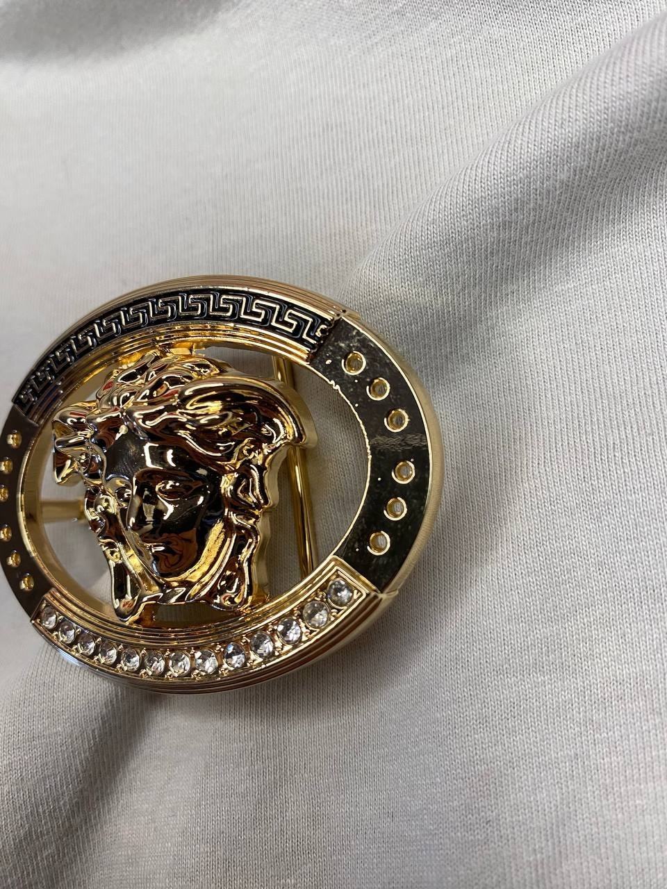 Gold Medusa Head Belt Buckle Black Greek Key Crystal Oval