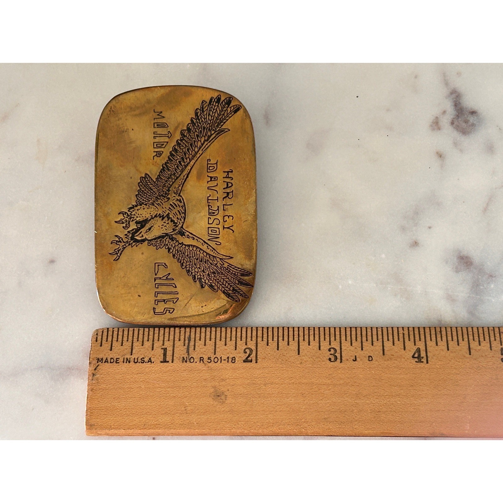 Vintage 1970s Harley Davidson Brass Belt Buckle Hand Etched Eagle Biker Boho