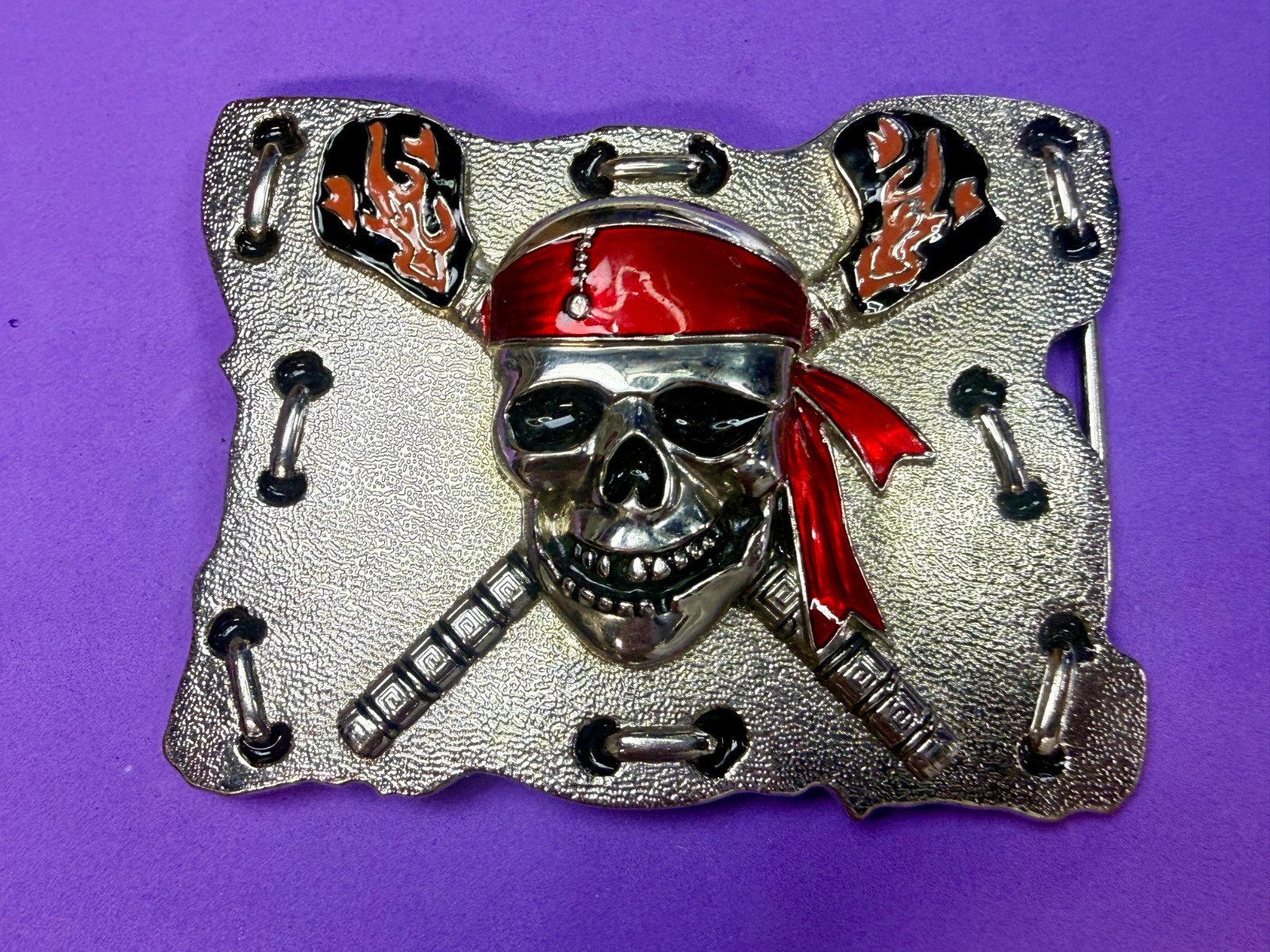 Raised Pirate Skull in Red Bandana Swords Gothic Punk Biker Vibe Belt Buckle