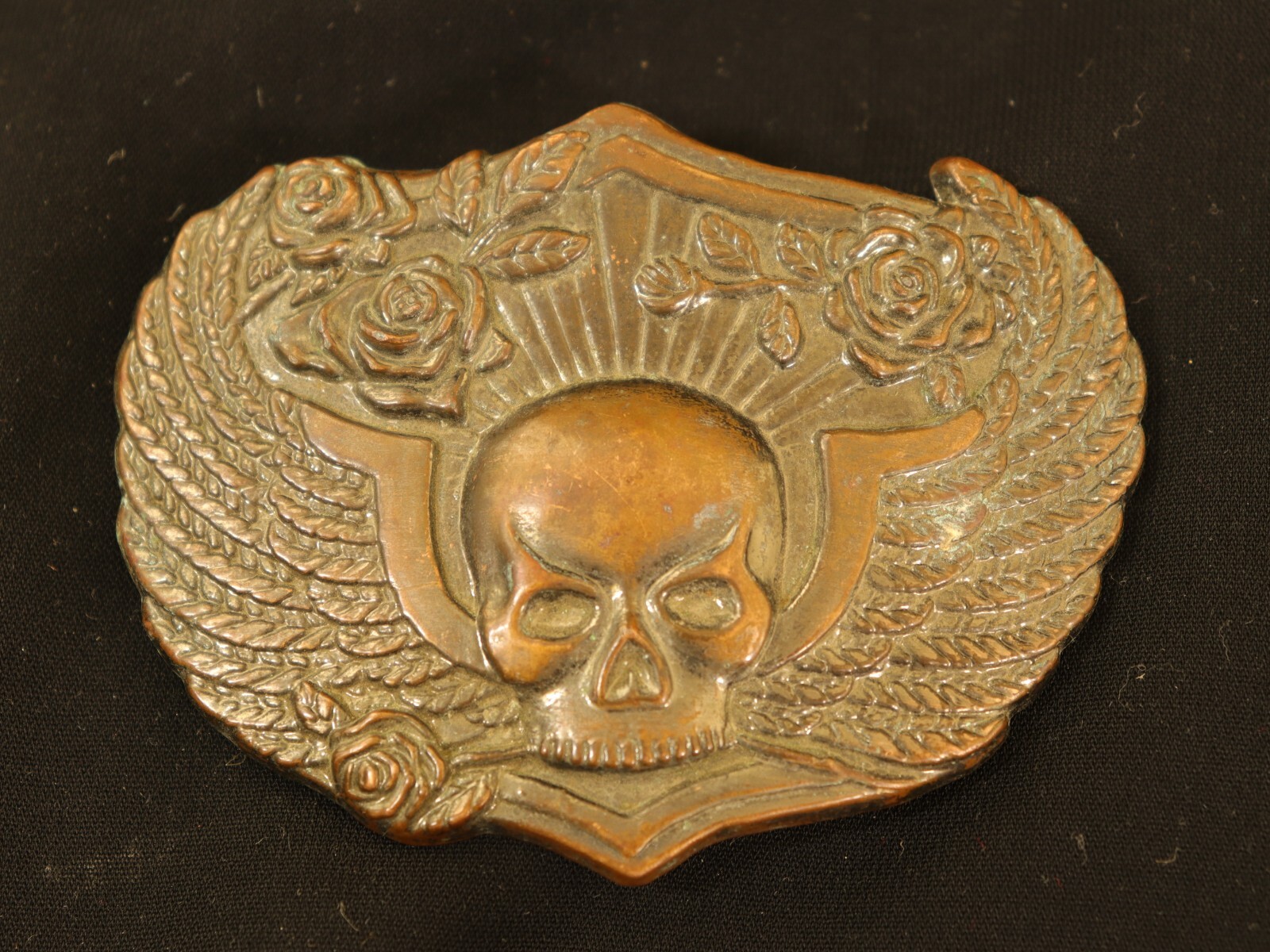 Winged Head Skull Pewter Belt Buckle Vintage Brass Flying Skull With Roses, USA