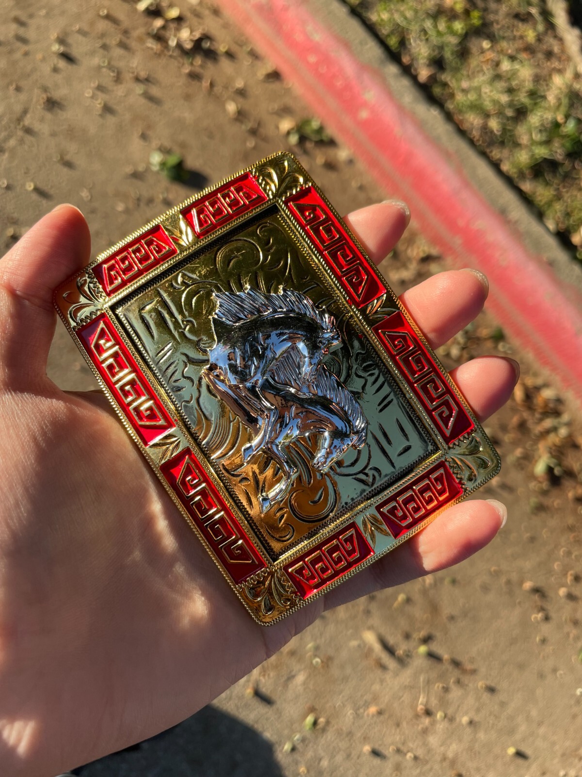 Western Buckle Gold Silver Red Running Horse Cowboy 2 » Hebilla Vaquero