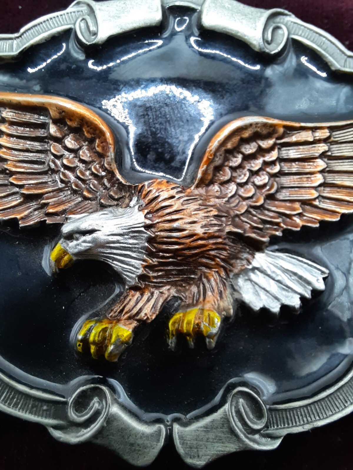 Vintage Open Wing Bikers Eagle Enameled Belt Buckle Scrolled background , 1983