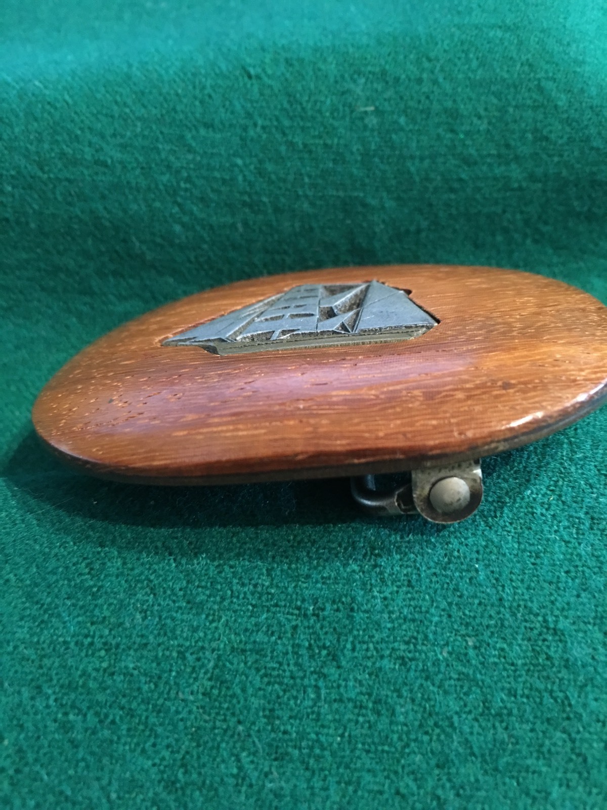 Belt buckle Hand carved wood and pewter inlay of a sailboat