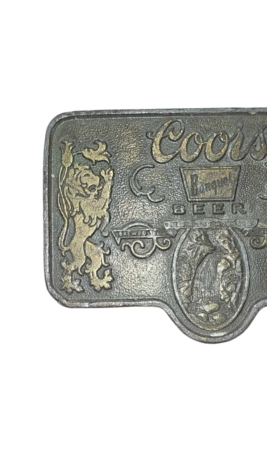 Vintage Coors Banquet Beer Belt Buckle Waterfall Lions Metal Brown Gold