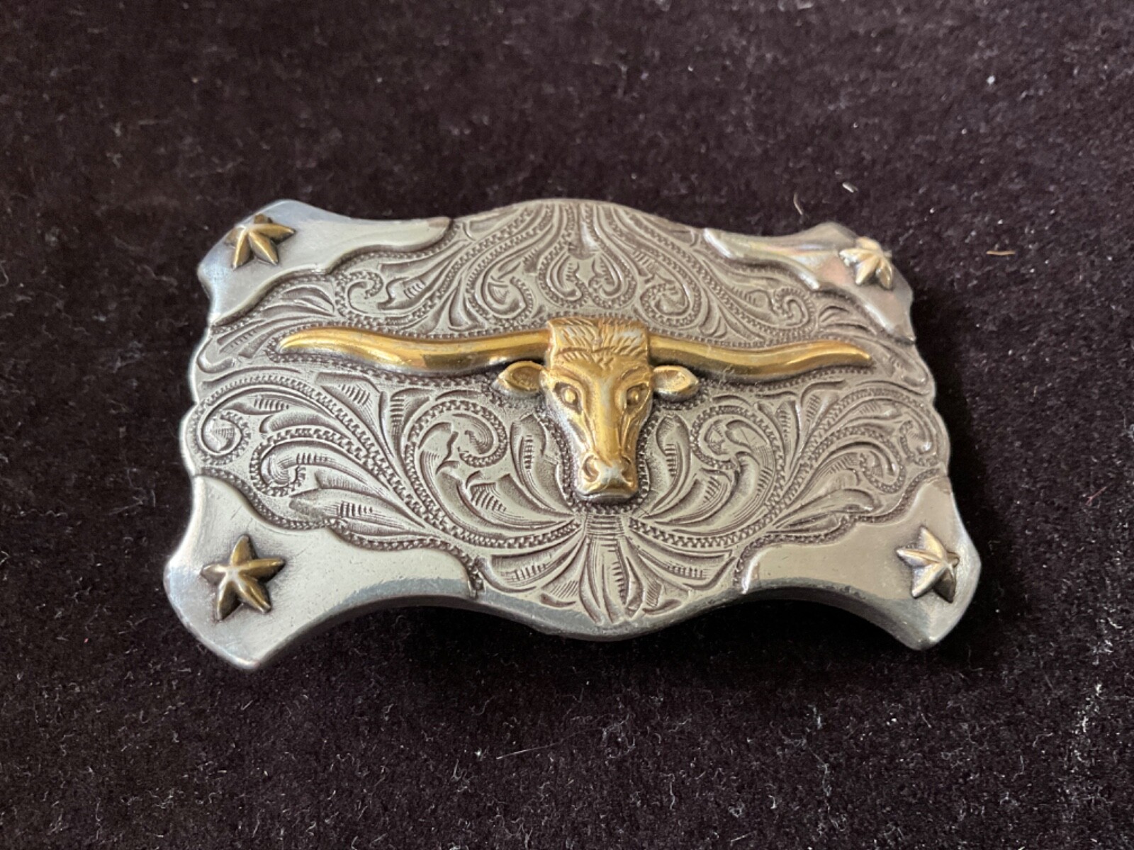 SILVER/GOLD Tone BELT BUCKLE WESTERN TEXAS LONGHORN STEER BULL COWBOY STARS 3”