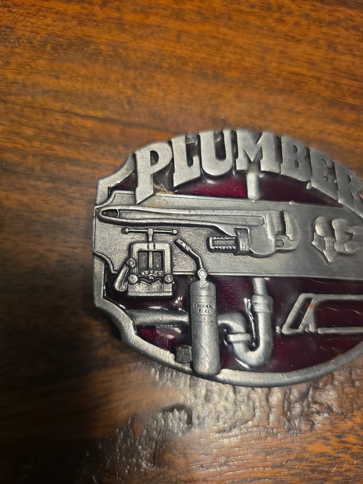 Plumber Belt Buckle Red Enameled Tools 3D Wrench Plumbing Service