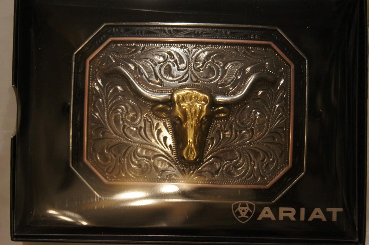 Ariat Western Rectangle Longhorn Silver & Gold tone Belt Buckle A37057