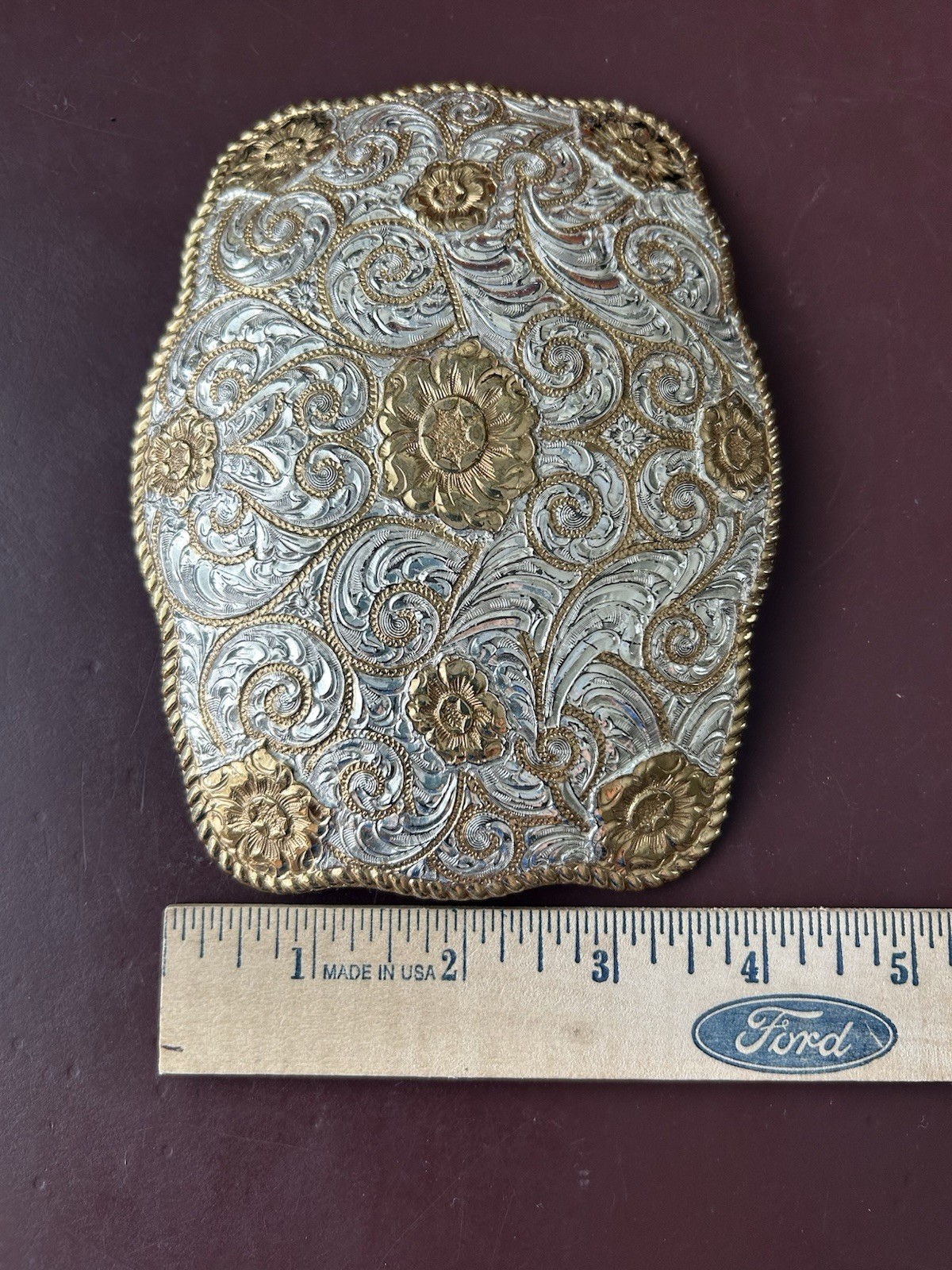 Crumrine Western Belt Buckle Two Tone Silver Gold Floral Scroll El Arturo Bronze